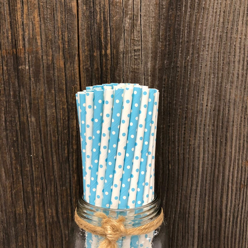 Outside the Box Papers Light Blue and White Paper Straws - Polka Dot - 7.75 Inches - 50 Pack - Image 3